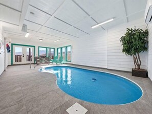 Una piscina interior con paredes de vidrio transparente, suelo de baldosas y una planta en maceta.