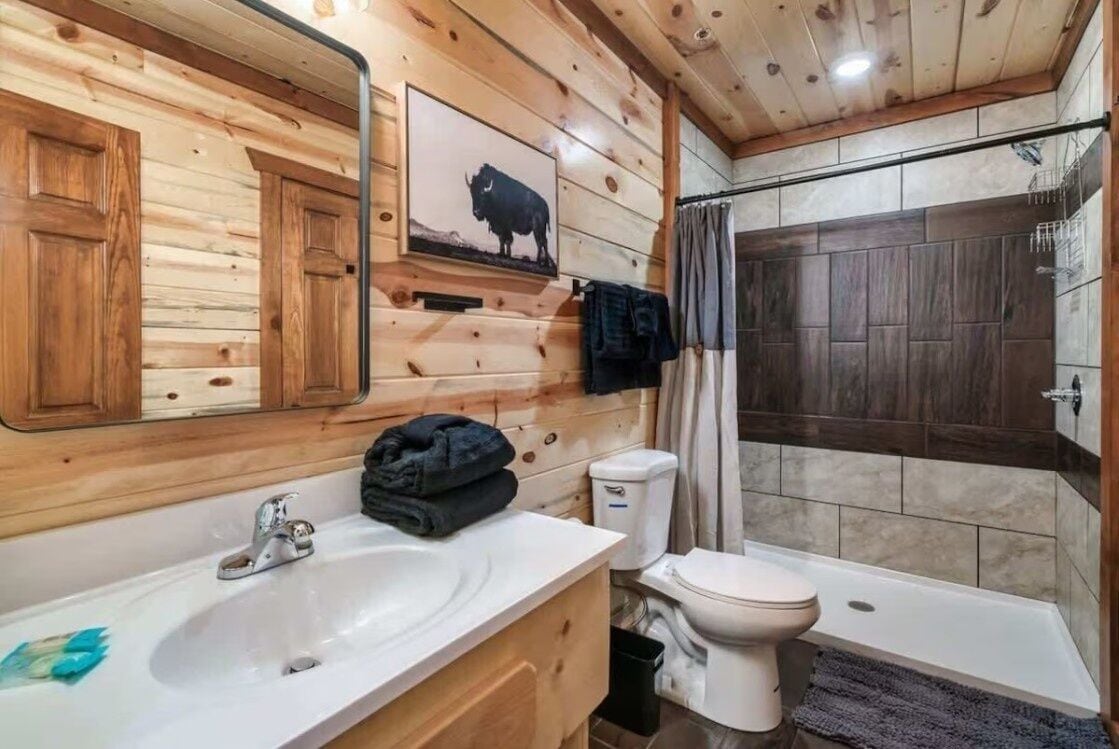 Een houten badkamer met een badkamerkastje, toilet en douche.