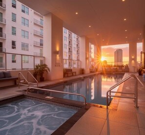A swimming pool with a sunset view, surrounded by a modern building with balconies. - 17th floor skyline retreat in Downtown Miami rooftop pool, coworking lounge and self check-in (Miami)