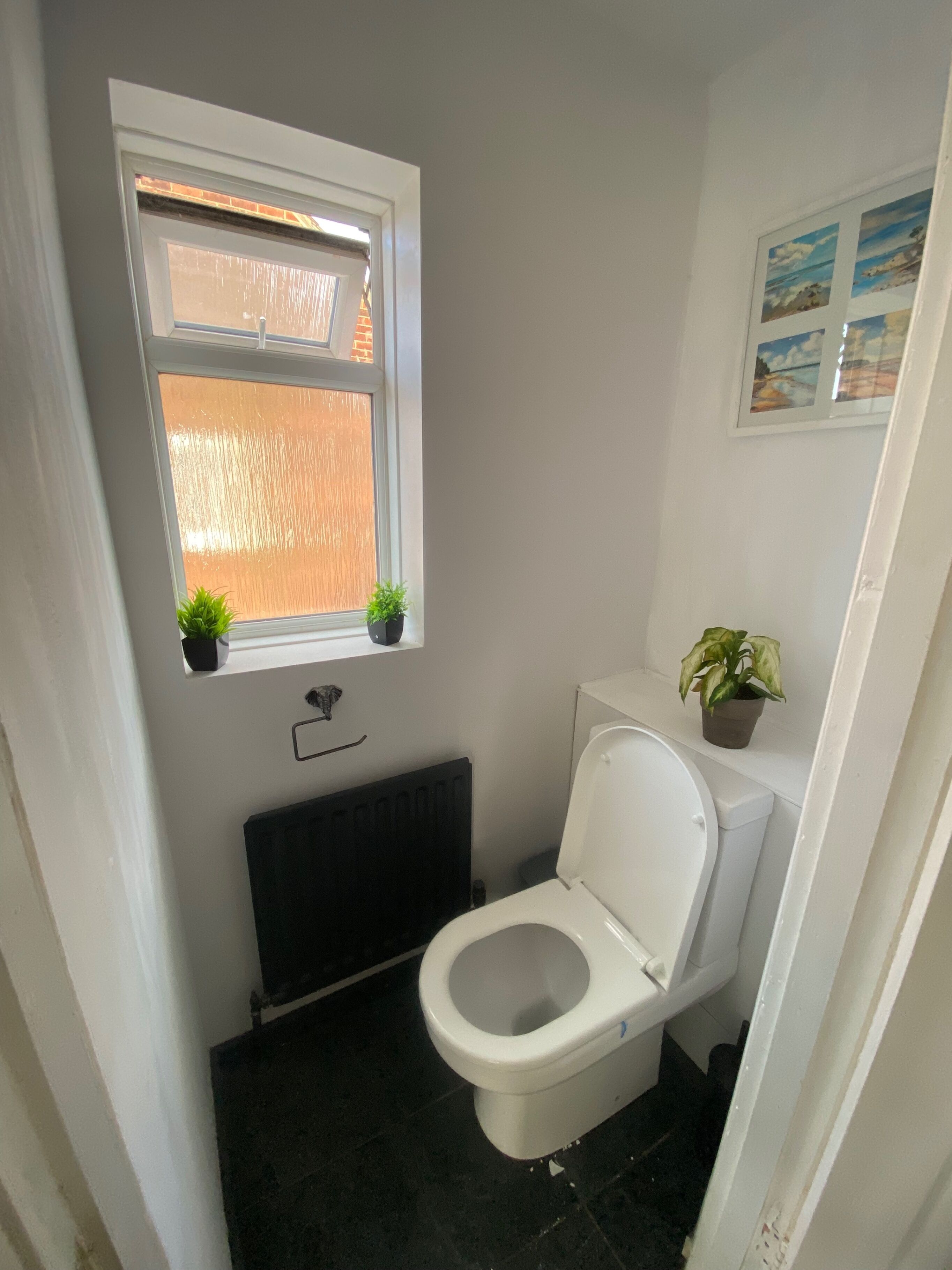 Een kleine, praktische badkamer met toilet, een raam en twee plantenpotten.