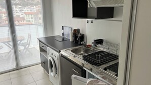 A modern kitchen with a built-in washer, a sink, and a dish drying rack. - Detached studio apartment across from Riquier Station, with a beautiful view of the hills of Nice (Nice)