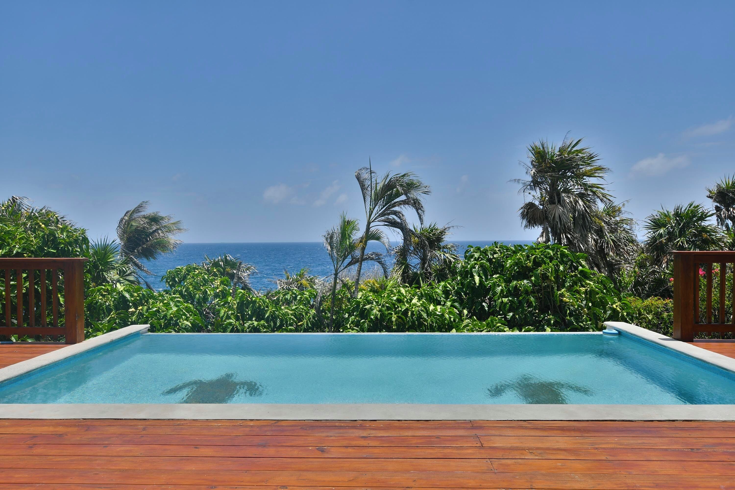 Ein rechteckiger Pool mit umlaufender Holzterrasse, vor Palmen und dem Meer.