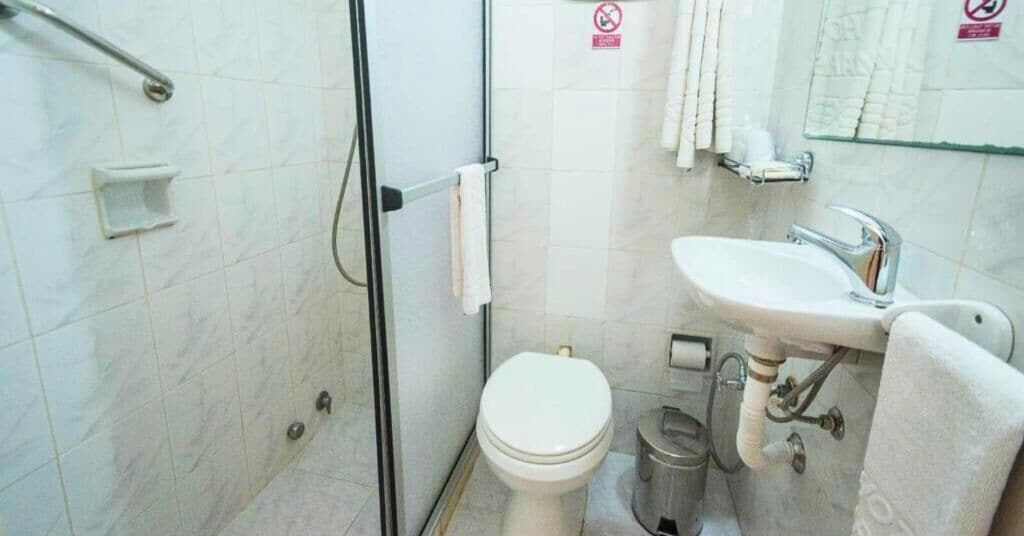 Casa de banho com chuveiro, sanita, lavatório e suporte para toalhas.