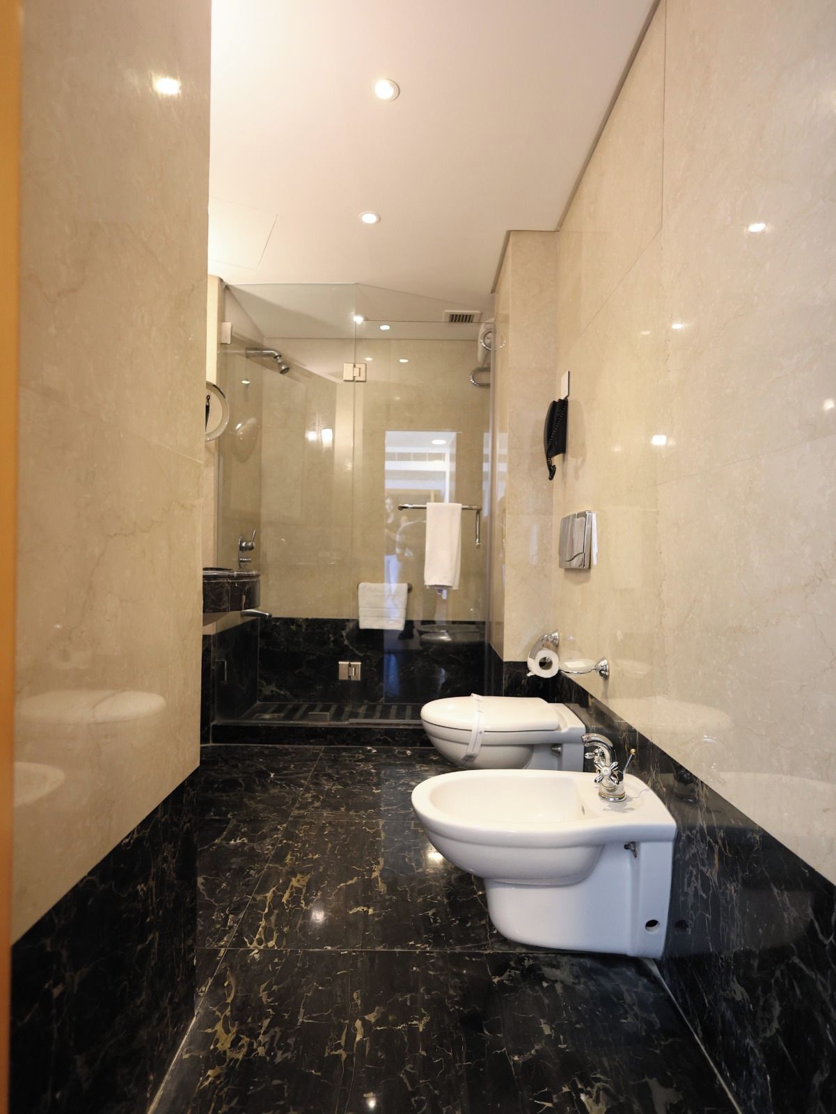 A modern bathroom with a glass-enclosed shower, a toilet, and a bidet.