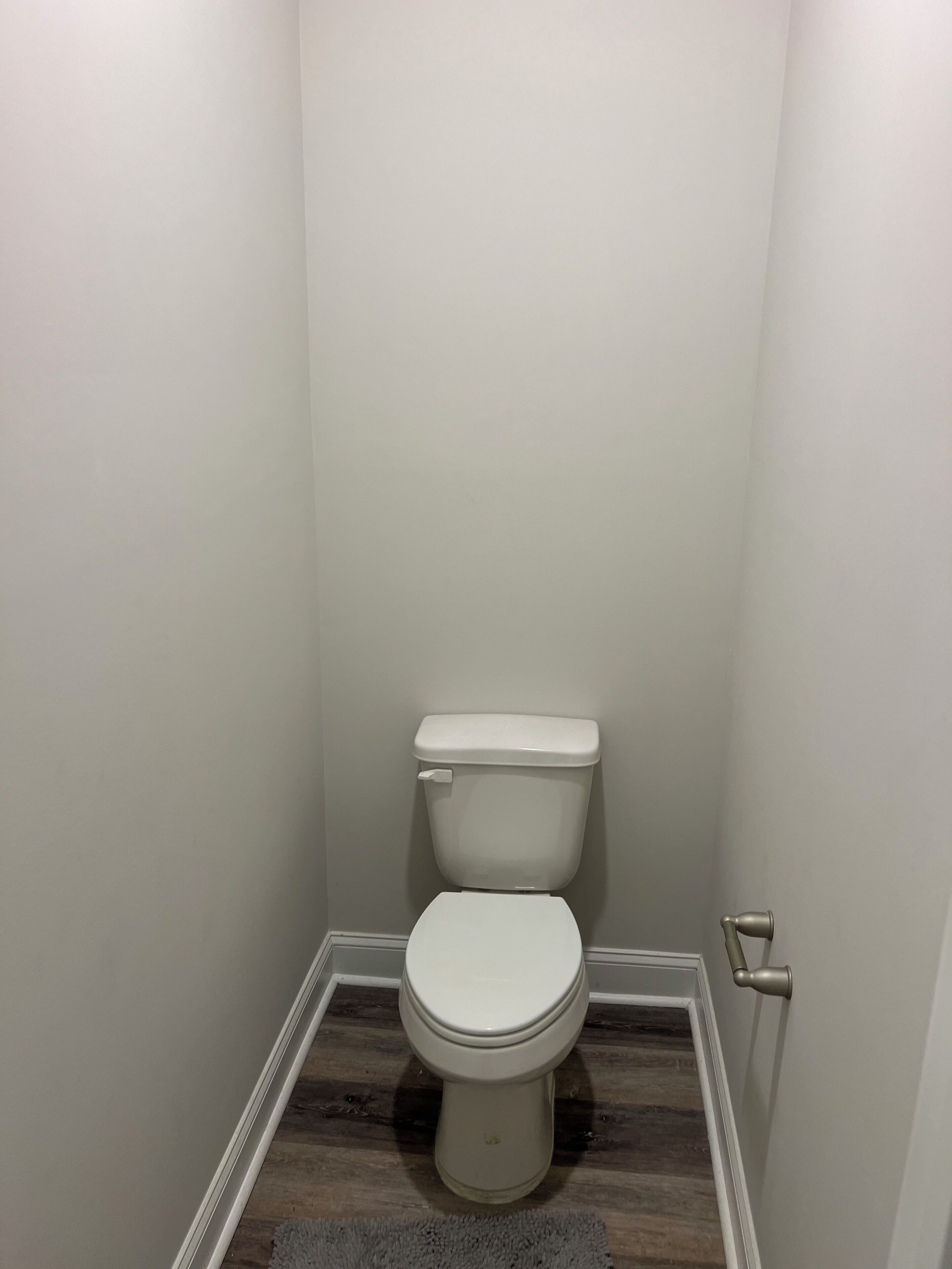 Eine kleine, weiße Toilette in einem schmalen Badezimmer mit Holzboden und grauem Teppich.