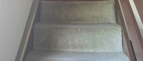 A staircase with carpeted steps, a wooden handrail, and a hanging light fixture.