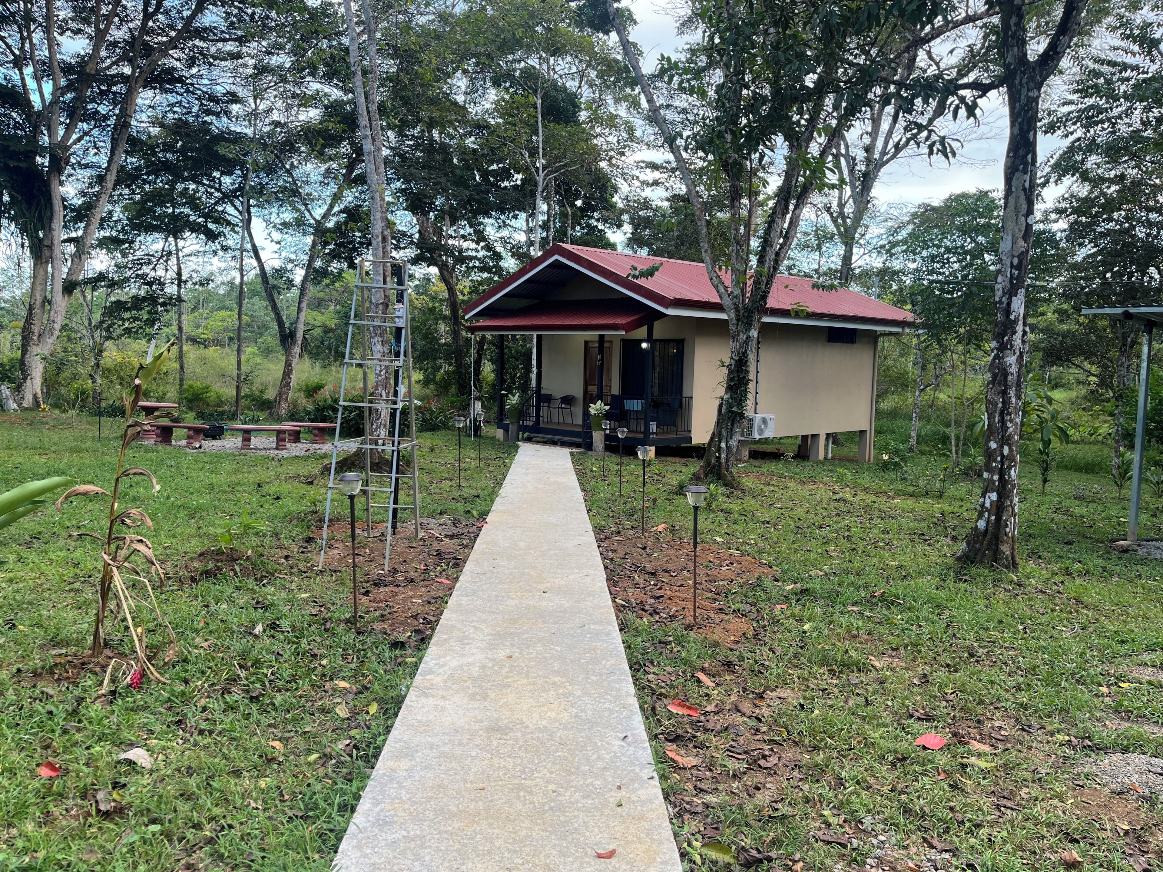 A pathway leading to a small building with a red roof, surrounded by trees and greenery.