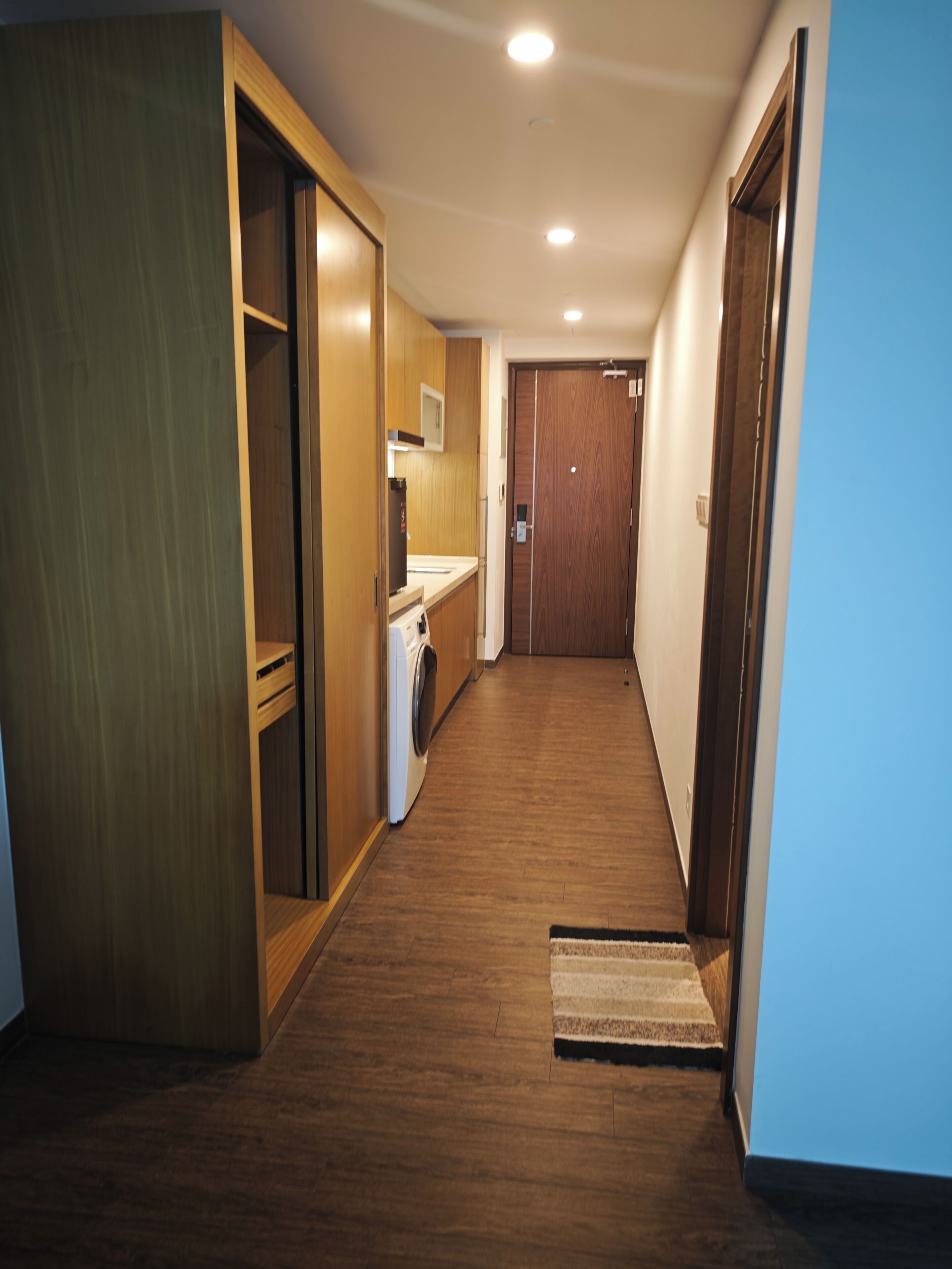 A hallway with wooden flooring, a washing machine, and a microwave.