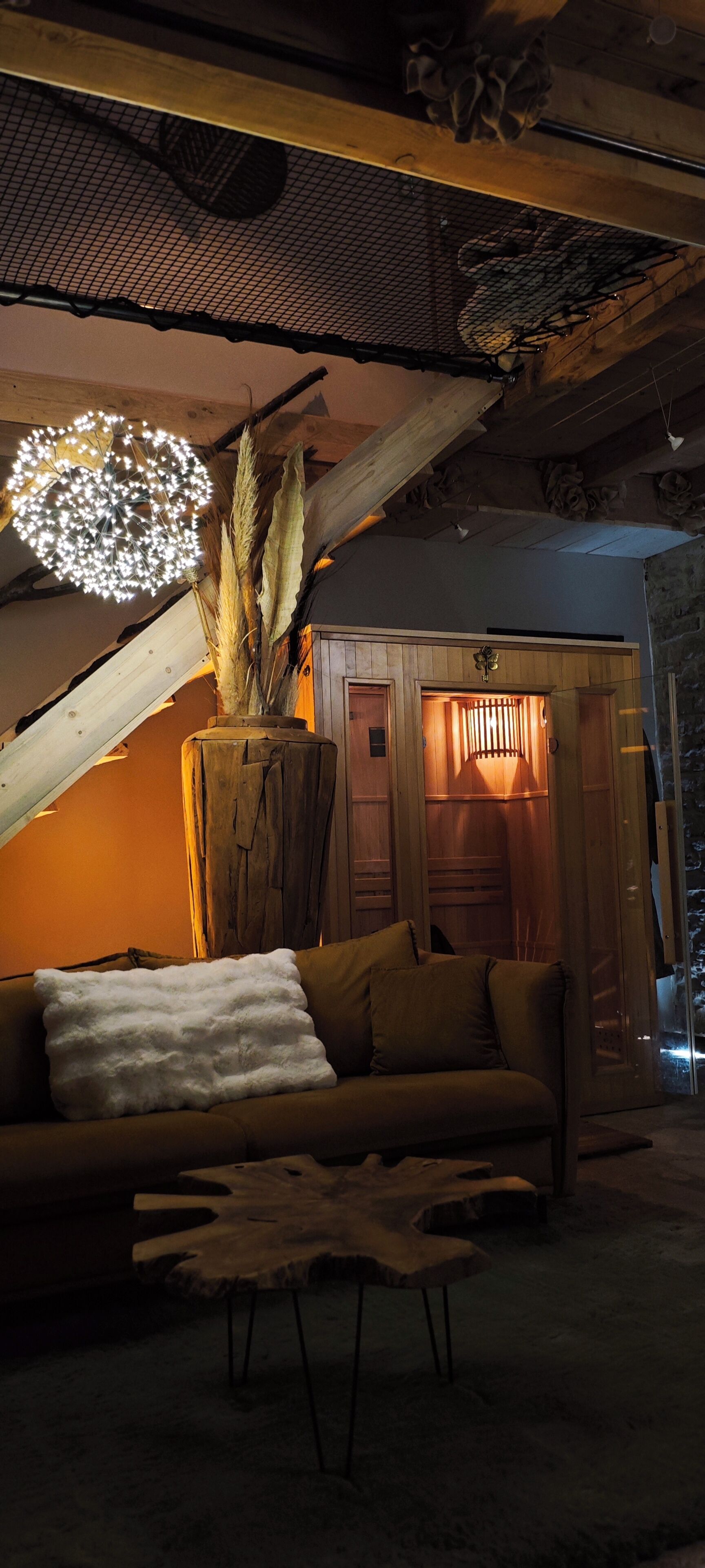 A cozy interior with a wooden sofa, a decorative plant, and a unique ceiling design.