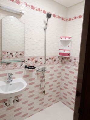A bathroom with a white sink, a mirror, a shower with a handheld showerhead, and a soap dispenser.