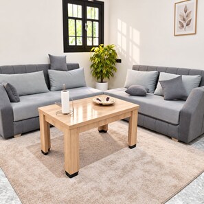 A modern living room with a grey sofa set, a wooden coffee table, a potted plant, and a framed leaf artwork on the wall.