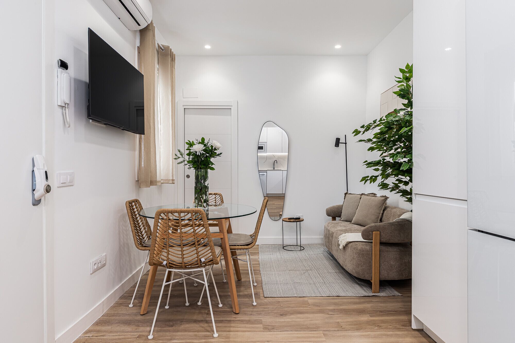 A modern living space with a dining area, a sofa, a TV mounted on the wall, and a potted plant.