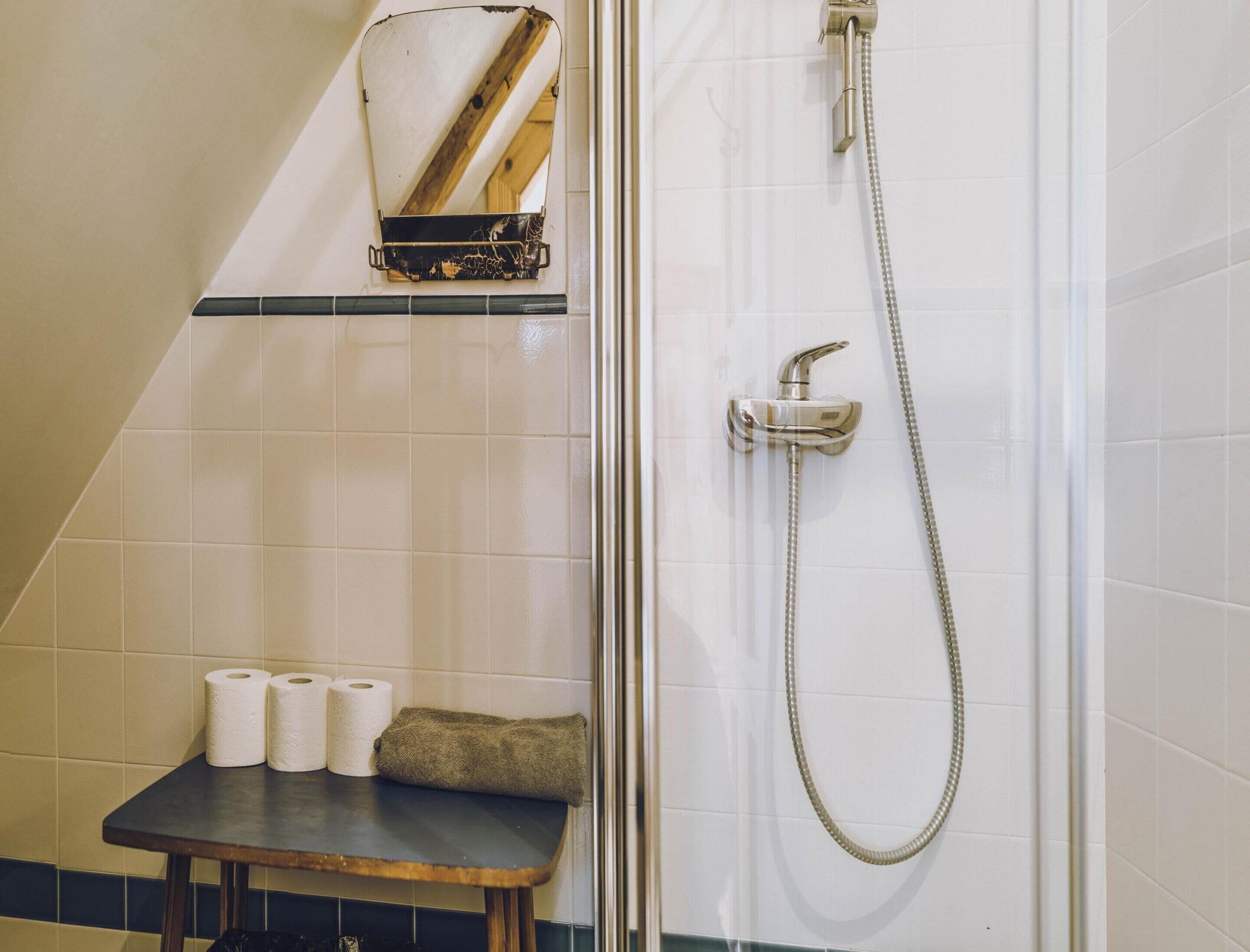 A shower area with a handheld showerhead, a towel, and toilet paper on a small table.