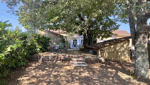 A rustic outdoor seating area with a stone wall, wooden fence, and a tree providing shade.