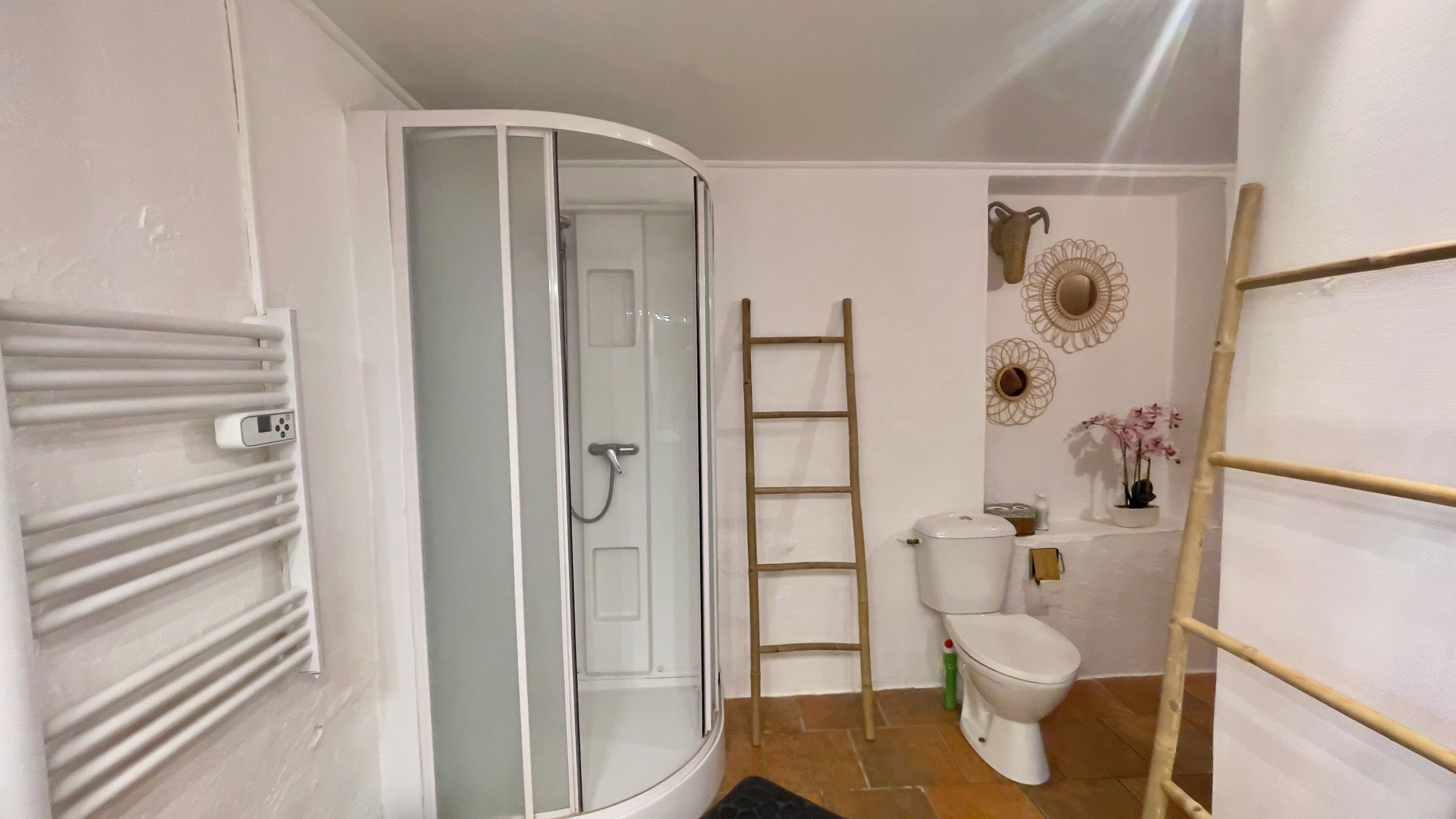 Un bagno con box doccia in vetro, un water, una scala e un porta asciugamani.