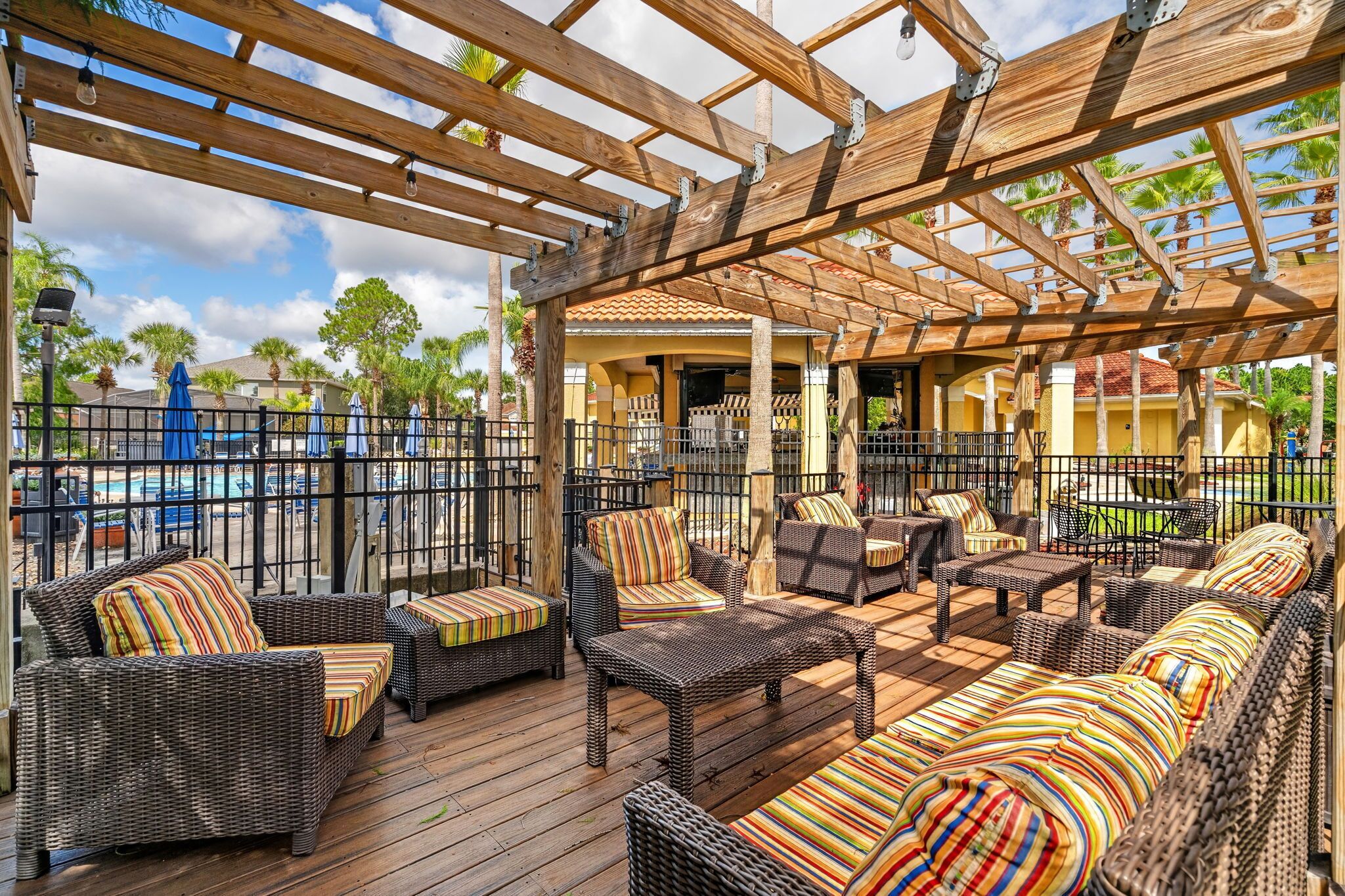An outdoor patio with wicker furniture, a pool, and a covered area with a view of the pool.