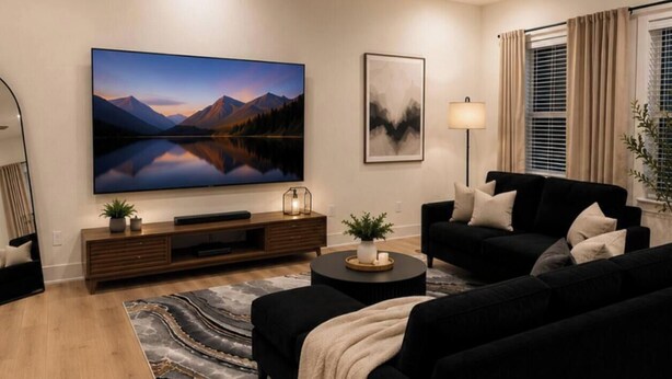 Uma sala de estar moderna com uma televisão de tela grande, um sofá preto, um móvel de entretenimento de madeira e um tapete decorativo.
