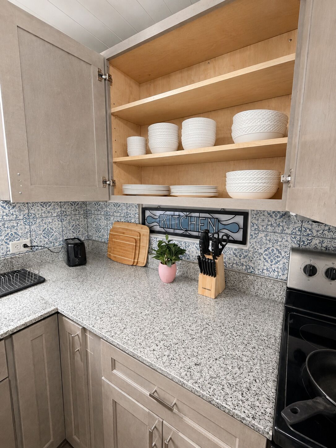 Eine Küche mit einer Granit-Arbeitsplatte, einem Toaster, einem Messerblock und einem Blumentopf.