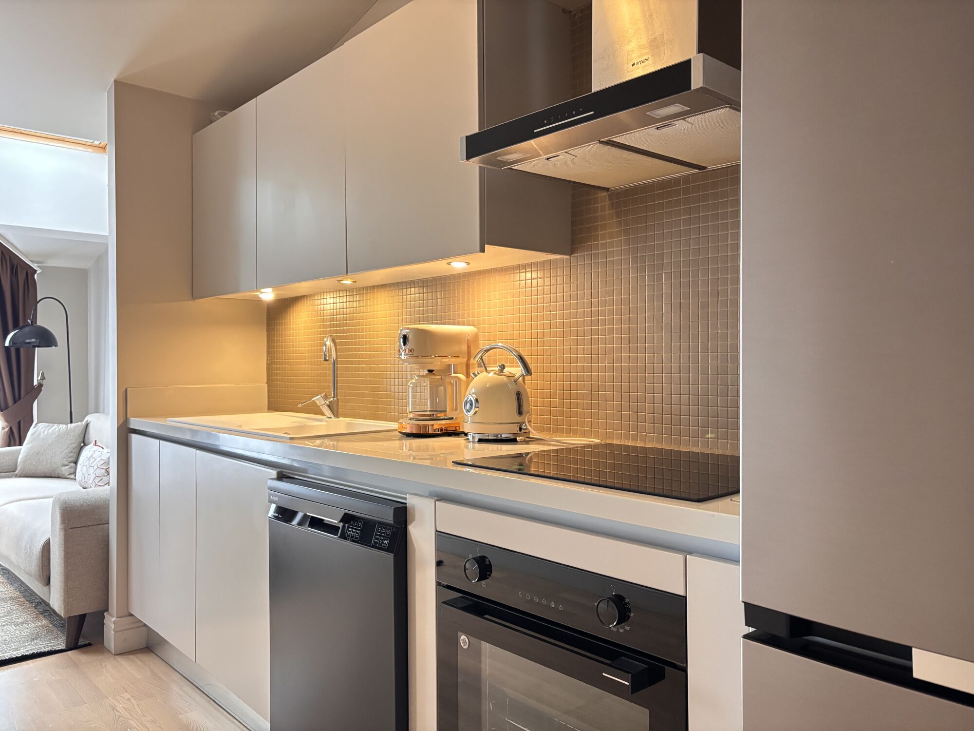A modern kitchen with integrated appliances, a dishwasher, and a built-in oven.