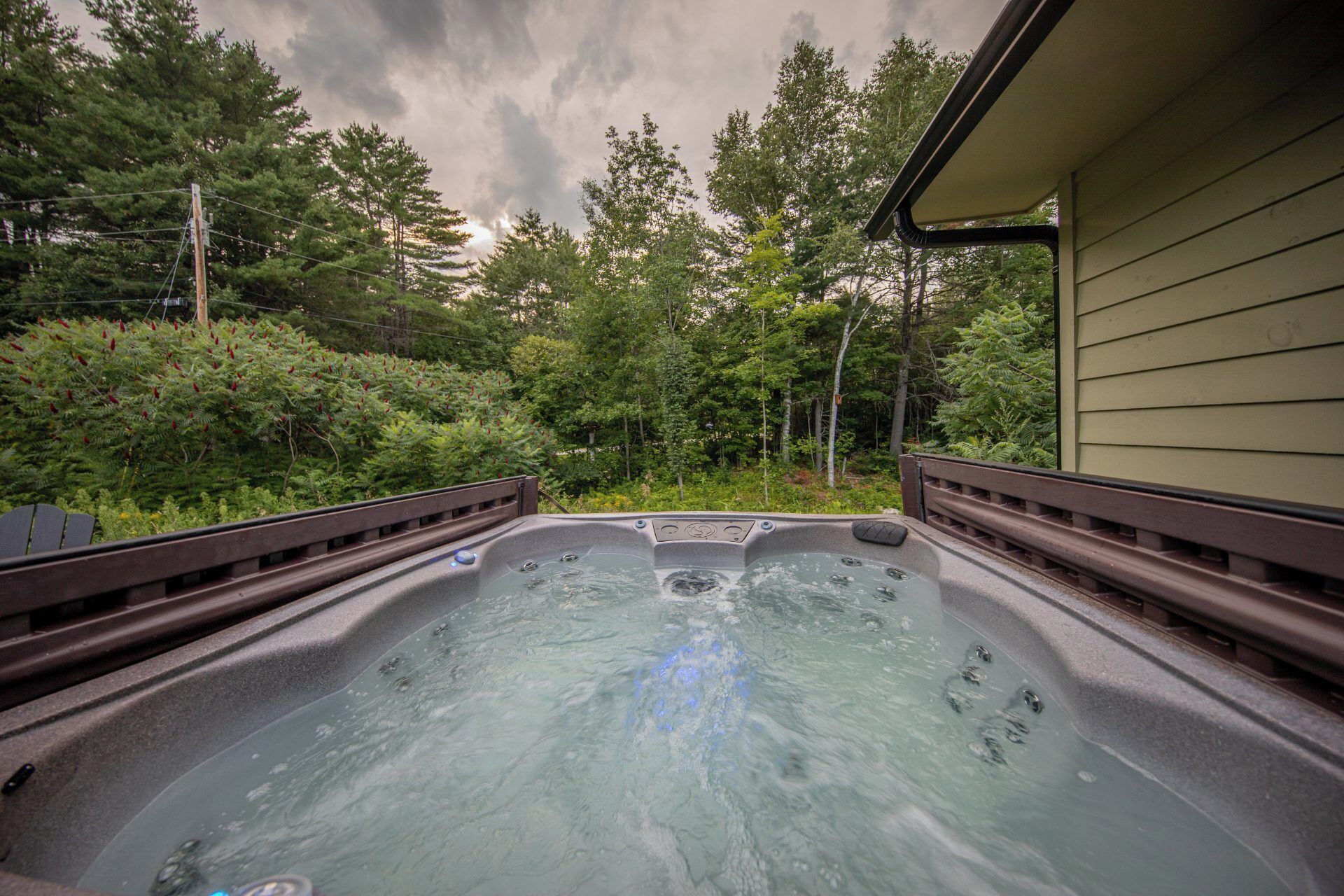 Un jacuzzi con cubierta de madera, rodeado de abundante follaje y árboles, con una casa al fondo.