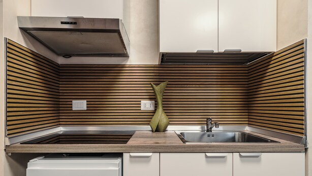 A modern kitchen with a wooden backsplash, a built-in dishwasher, and a sink. - Termini Jacuzzi Suite (Roma)