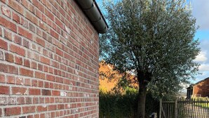 A brick wall with a gravel pathway leading to a wooden fence.
