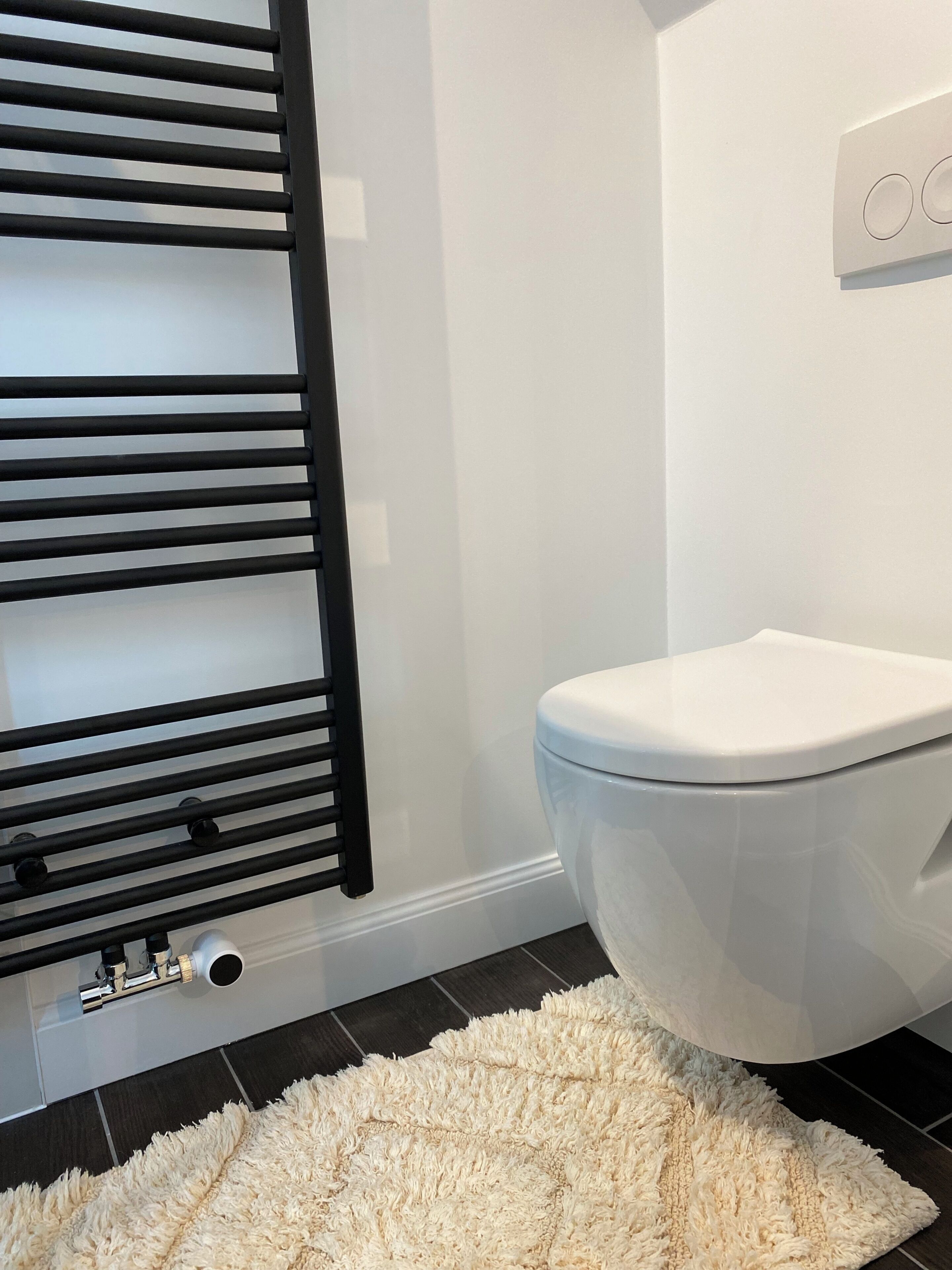 Une salle de bain avec des toilettes blanches, un radiateur noir et un tapis blanc moelleux sur le sol.