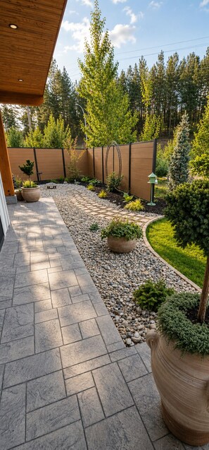 Een terras met een kiezelpad, plantenbakken en een houten omheining.