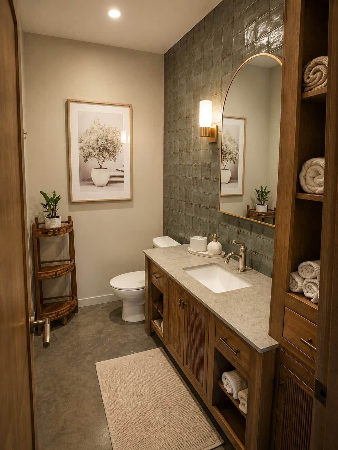 A modern bathroom with a wooden vanity, a large mirror, and a toilet.