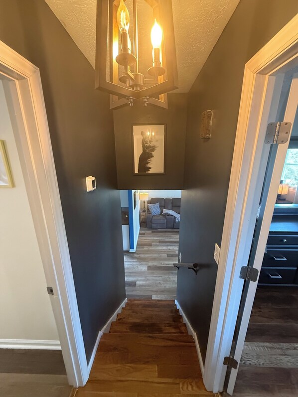 A hallway with a wooden floor, a framed artwork, and a modern light fixture.