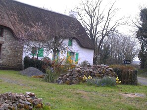 Ein traditionelles Steinhaus mit einem Strohdach, einer Steinmauer und einem Garten mit Narzissen.