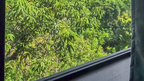 Uma janela com vista para vegetação densa e colinas ao longe.