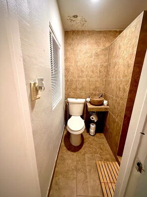 A compact bathroom with a toilet, a sink, and a shower area. - Studio. Independent entrance, AC, internet. (Miami)