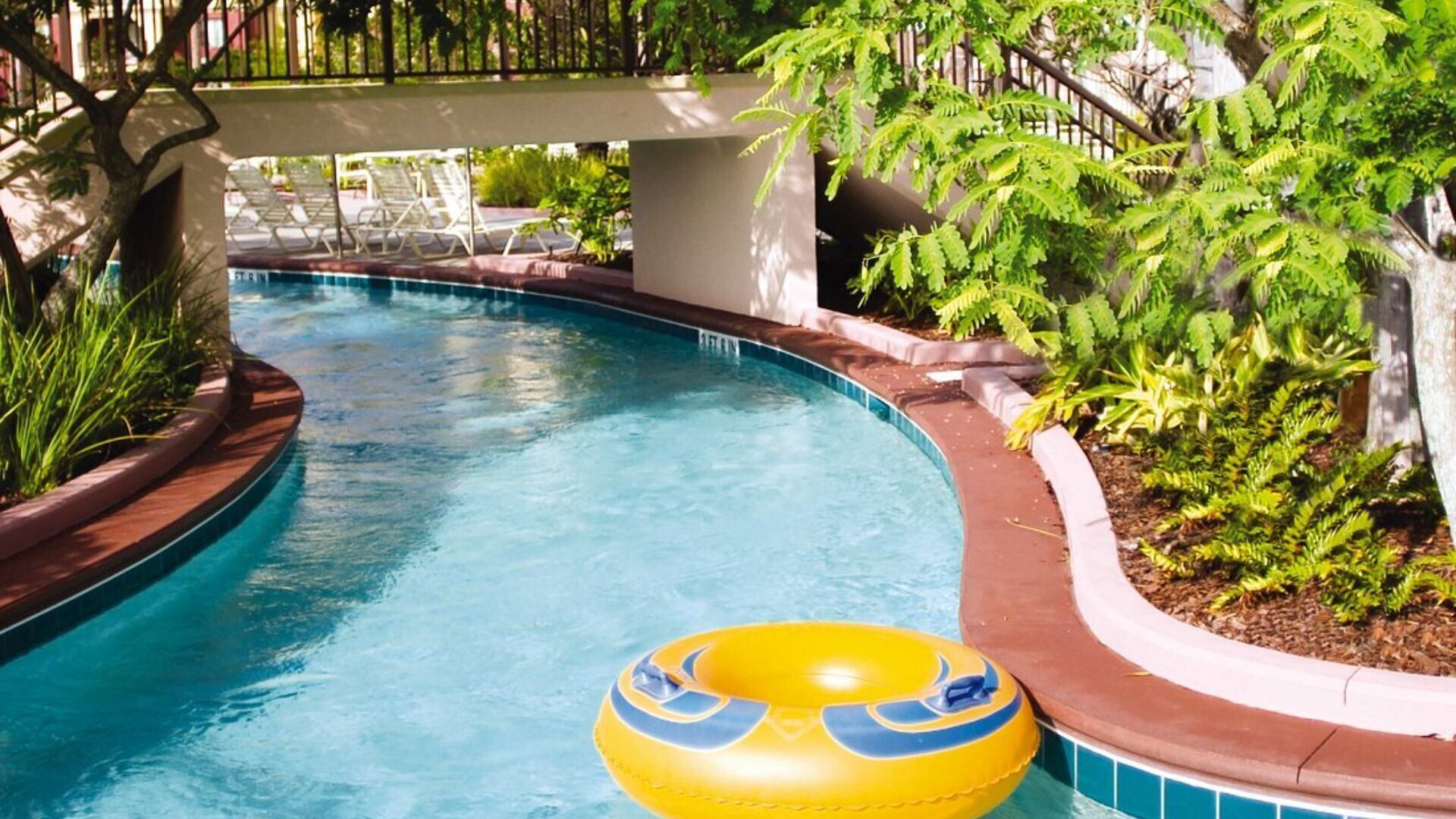 A swimming pool with a yellow inflatable ring, surrounded by plants and a covered area with lounge chairs.