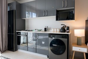 A compact kitchen with a dishwasher, oven, microwave, and a washing machine. - Gorgeous Ocean Club Studio G21 (Durban)