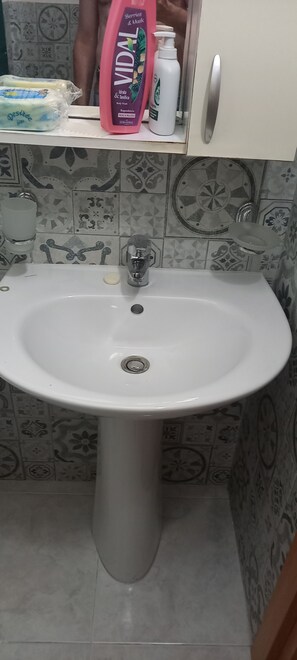 Een douche, een bidet, handdoeken, zeep