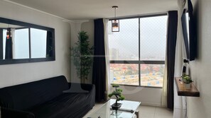 Una sala de estar con un sofá negro, una mesa de centro de vidrio, una planta en maceta, un colgante de luz y un amplio ventanal con cortinas.