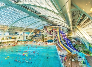 Un parc aquatique intérieur doté de nombreux toboggans et de plusieurs piscines.