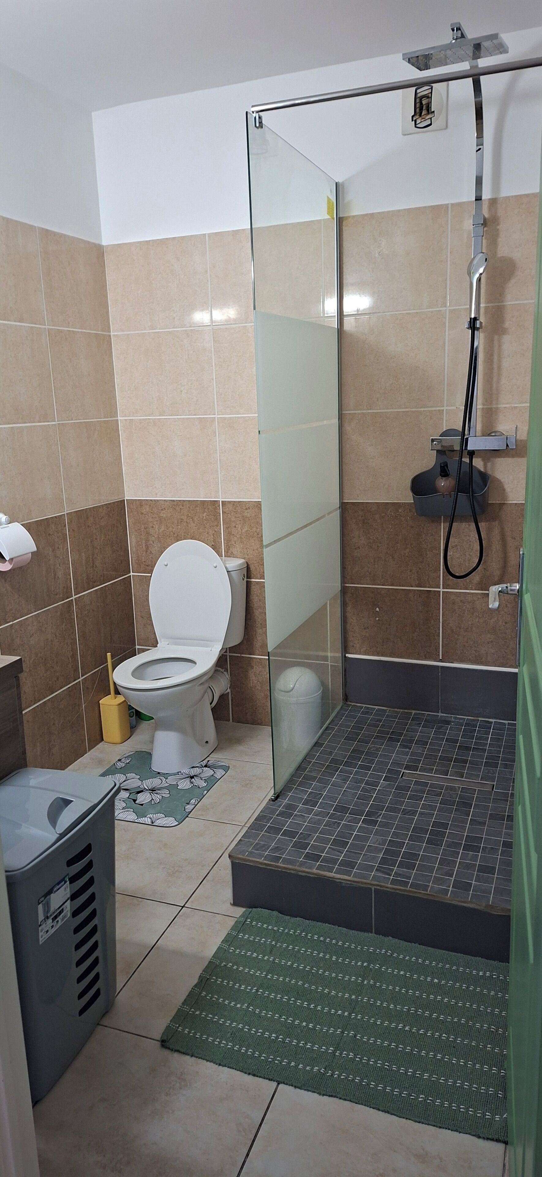 Une salle de bain avec des toilettes, une douche à parois de verre et un tapis vert.