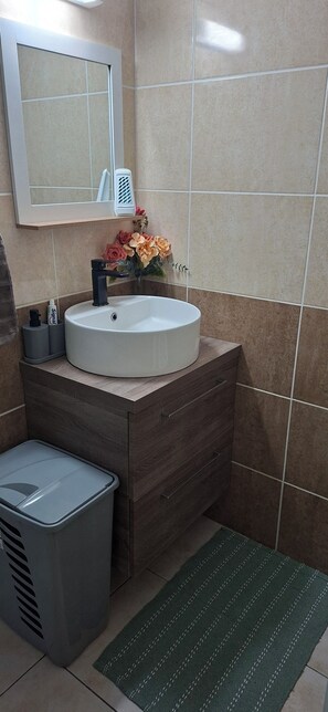 Regadera, toallas, jabón, papel de baño