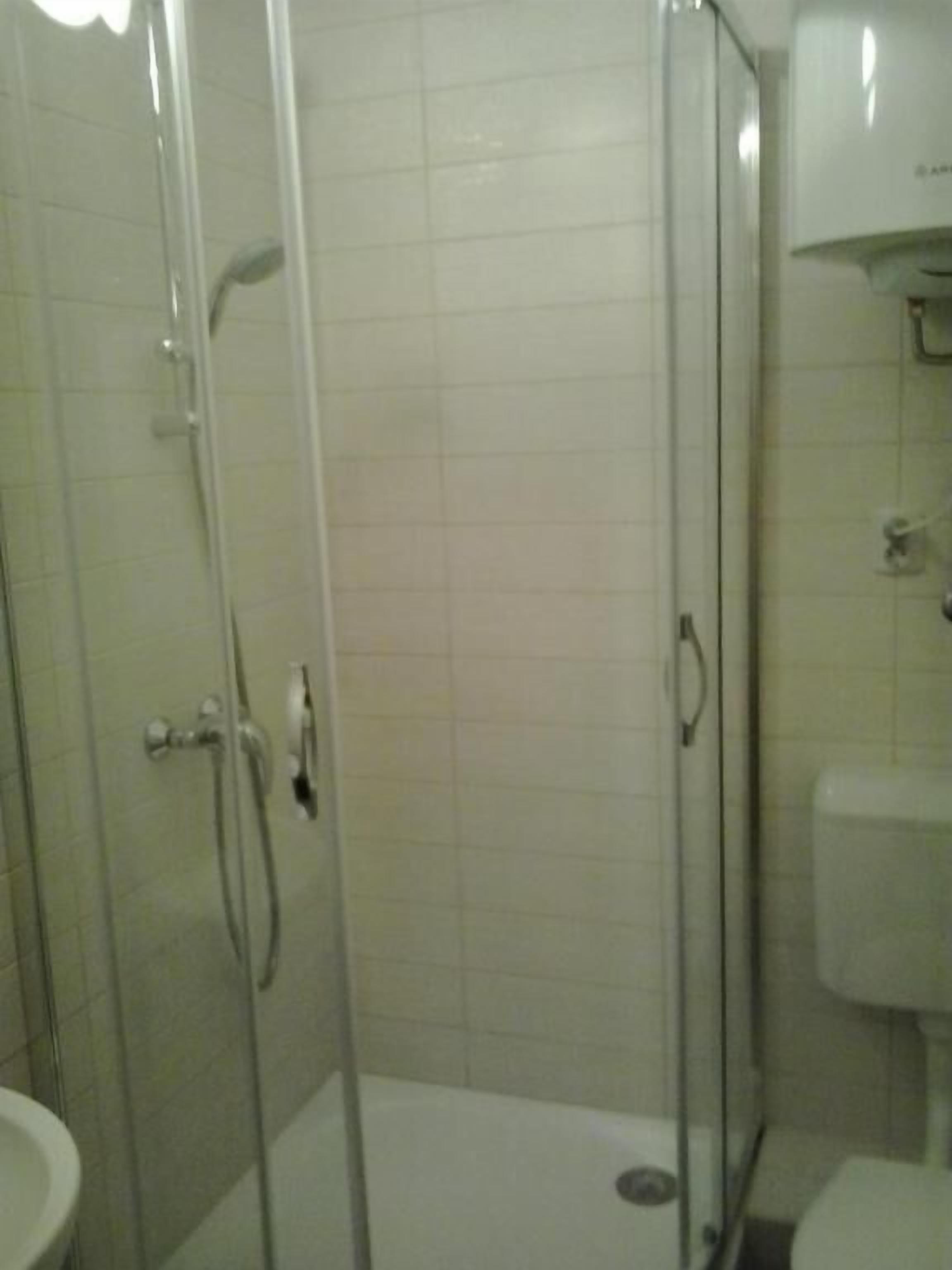 Zona de ducha con paredes de cristal, pared revestida de azulejos blancos y un inodoro blanco a la derecha.