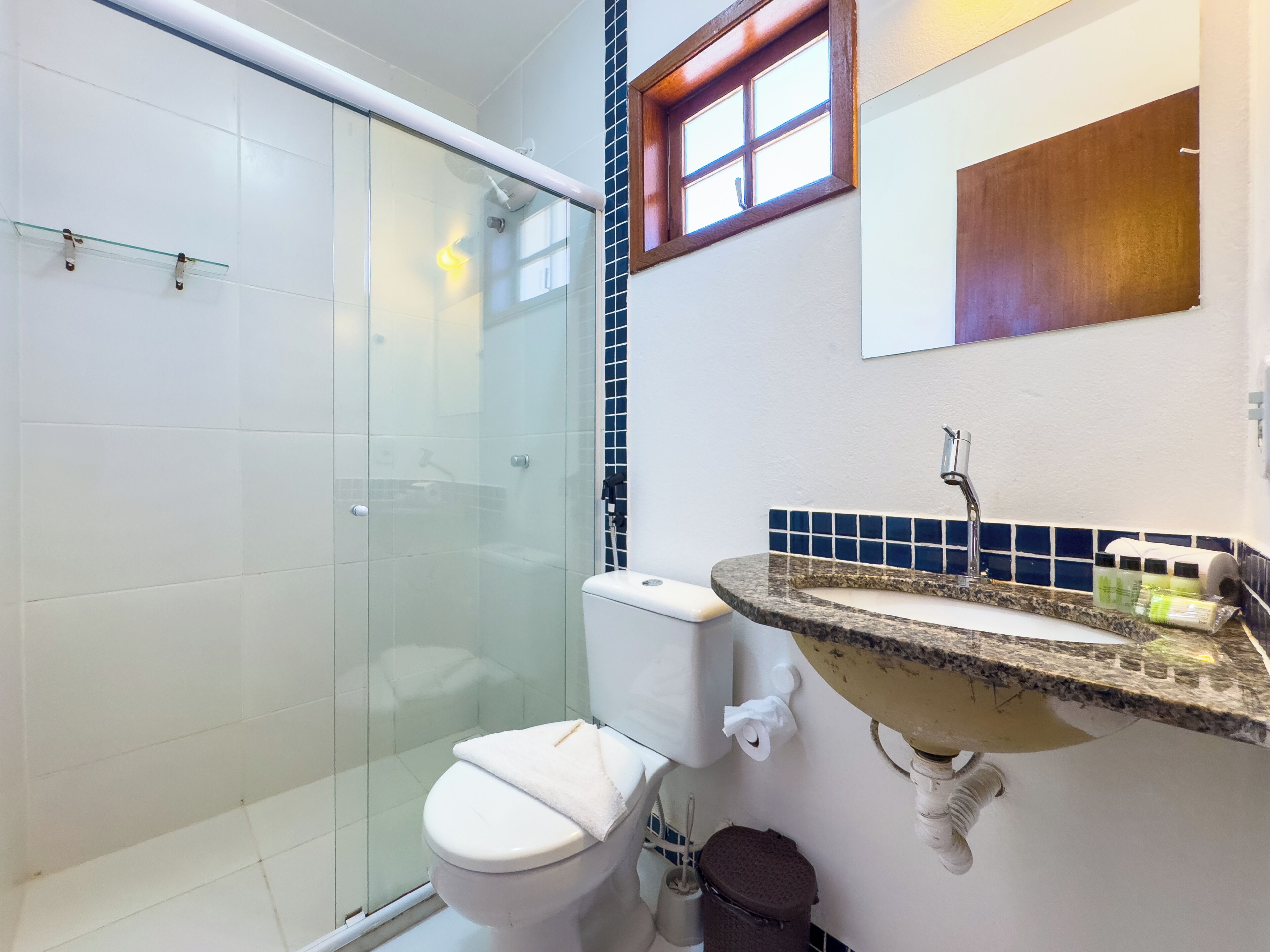 Une salle de bain avec une douche à parois de verre, des toilettes, un lavabo avec un pare-éclaboussures recouvert de carreaux bleus et un miroir.