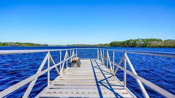 A wooden pier extending into a body of water with a clear sky above.