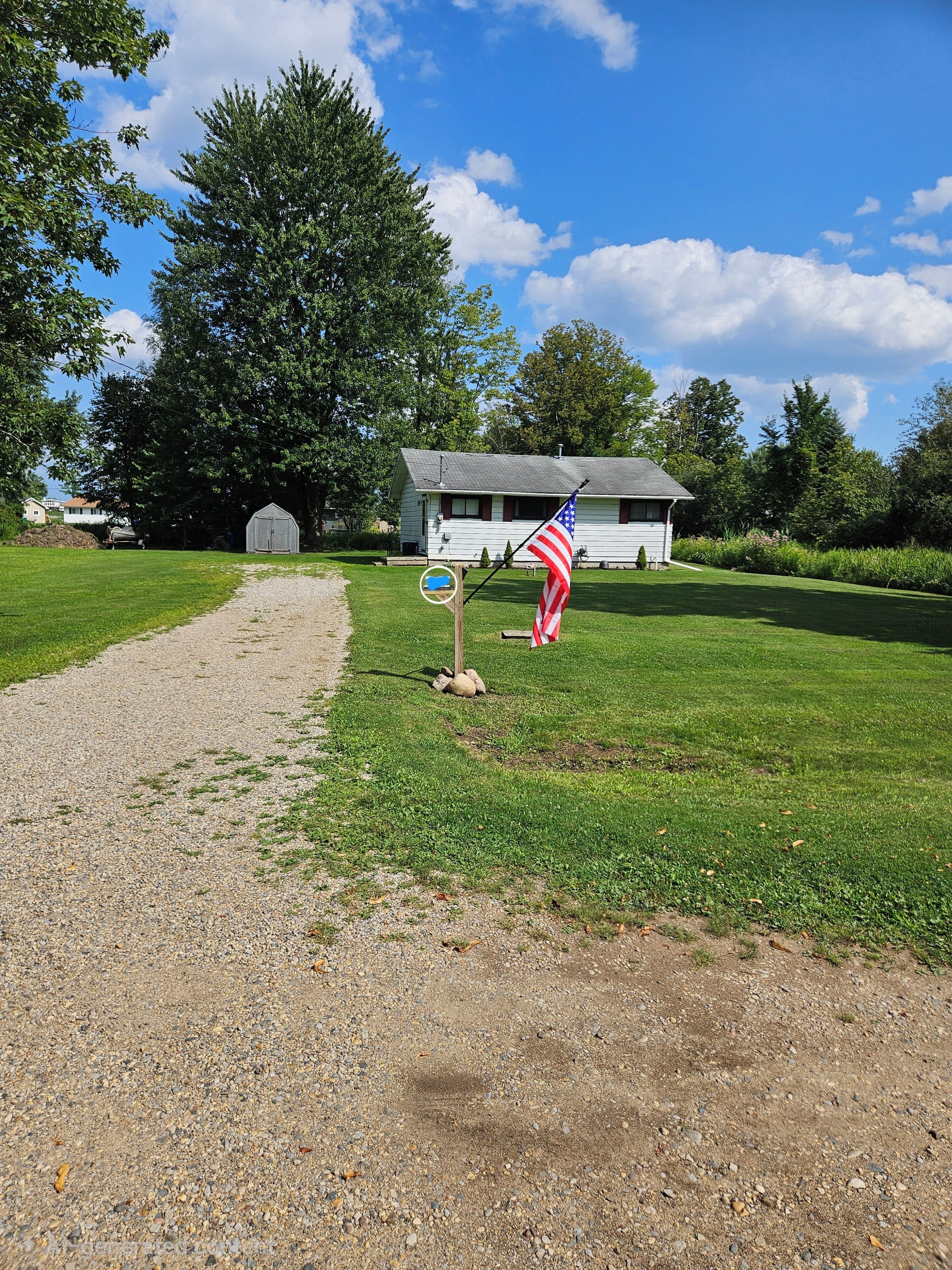 A gravel path leading to a white building with a flagpole and American flag.