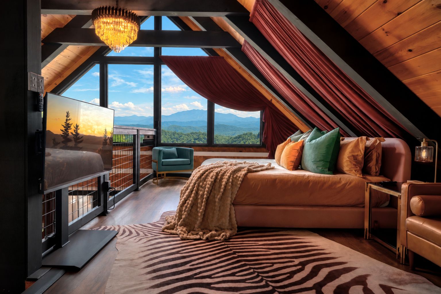 A cozy bedroom with a large window, a sofa, a television, and a zebra-patterned rug.