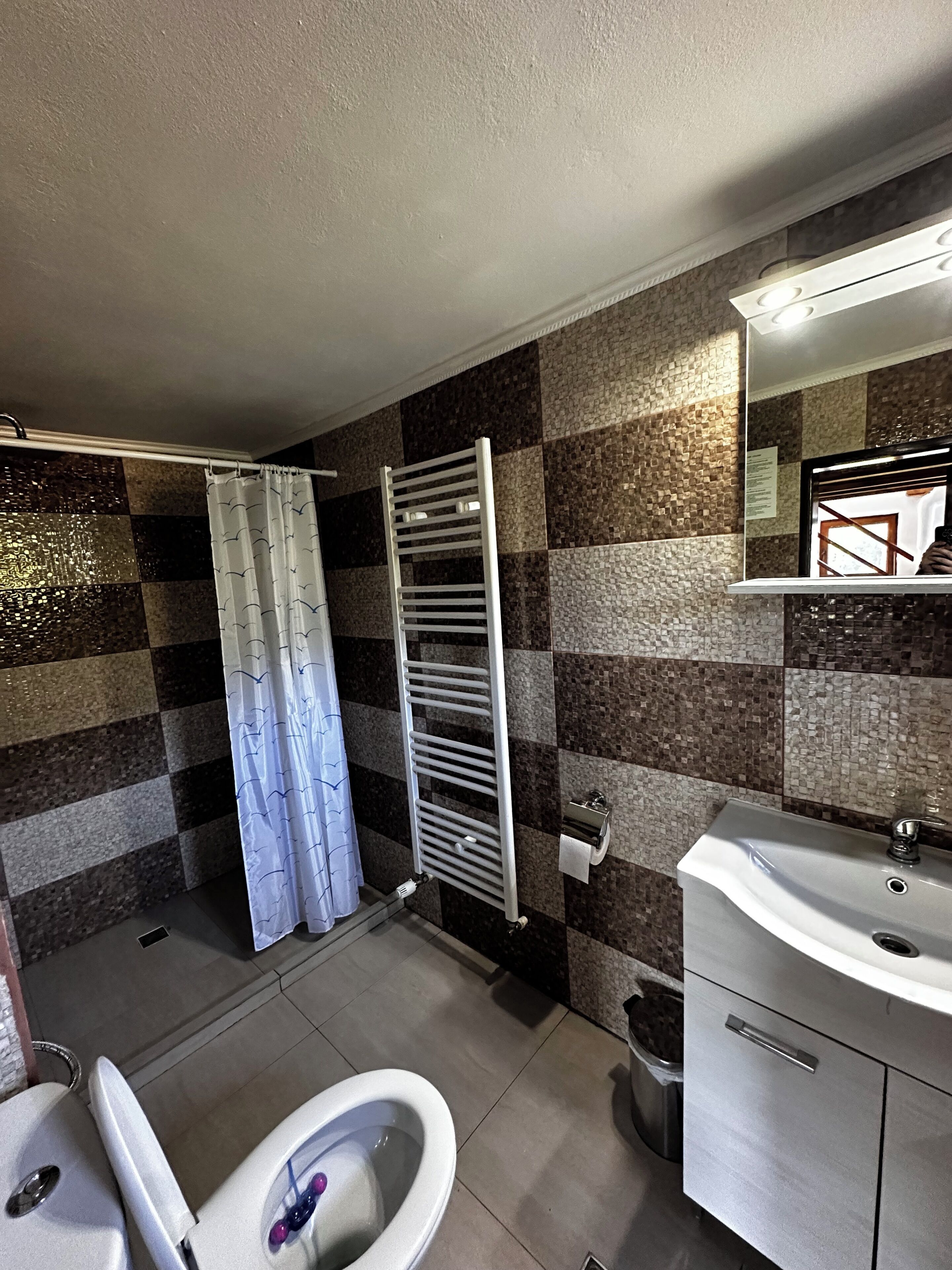 A bathroom with a tiled wall, a shower curtain, a towel rack, a toilet, and a sink.