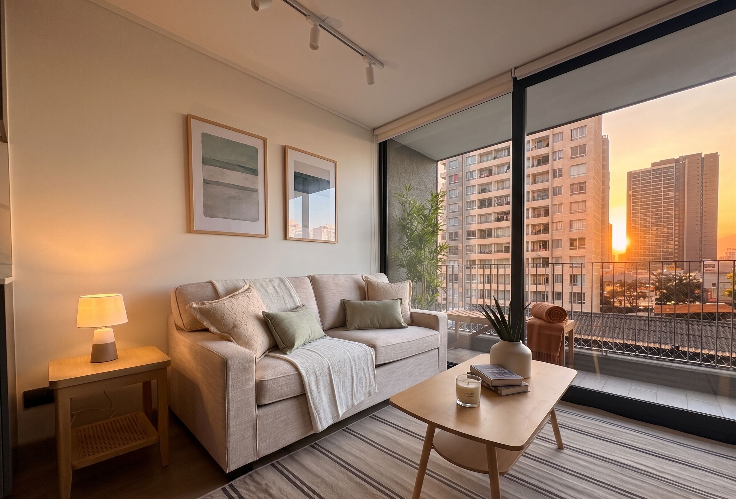 Una habitación de hotel moderna con sofá, una mesita, una lámpara y un amplio ventanal con vistas a la ciudad.