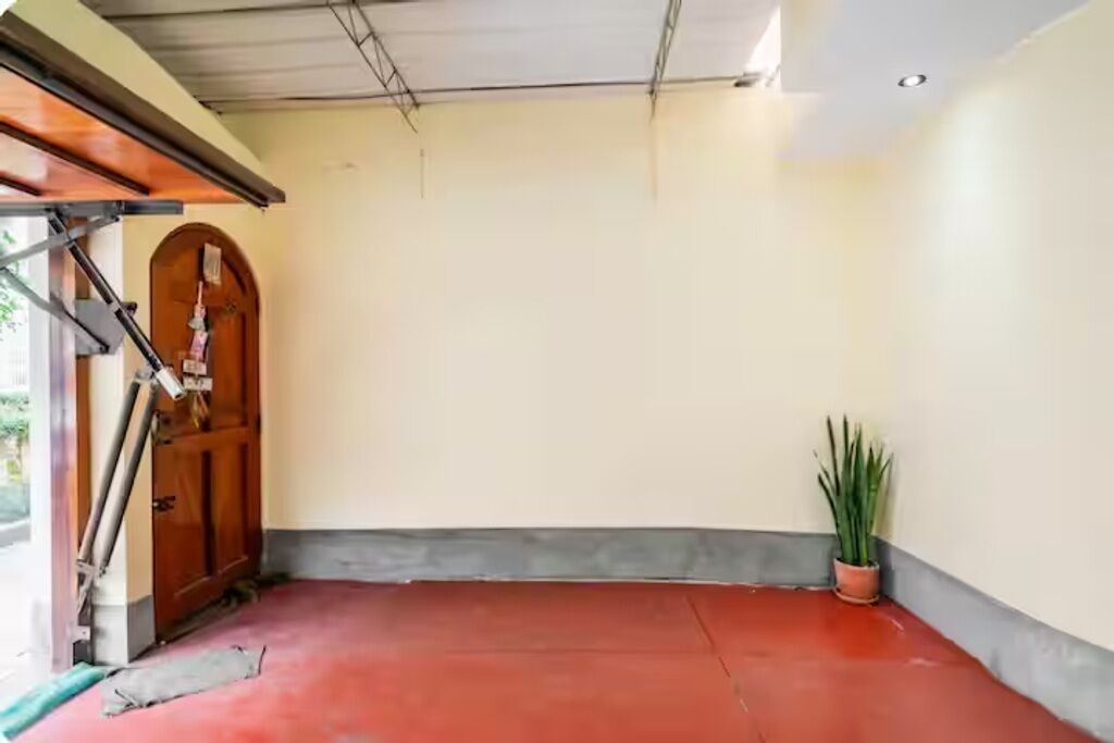 A room with a red floor, a wooden door, and a potted plant.