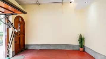 A room with a red floor, a wooden door, and a potted plant.