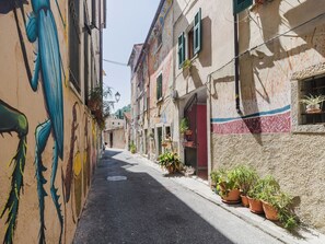 A narrow street with buildings on either side, some with balconies and potted plants. - Casa vacanze al teatro by Interhome (Carrara)